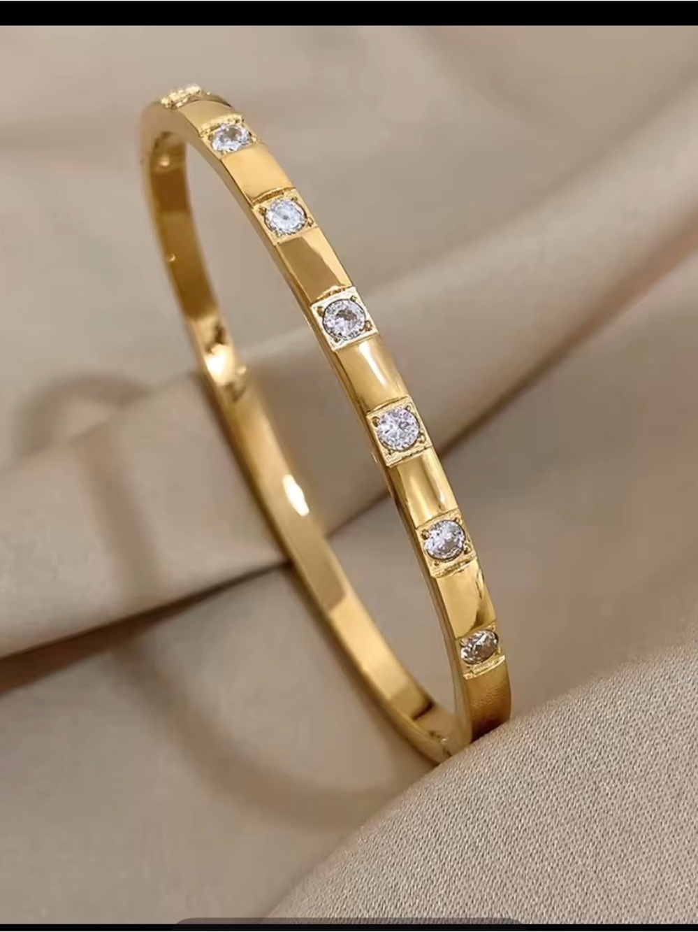 Gold PVD Plated Stainless Steel Bangle with Cubic Zirconia Accents